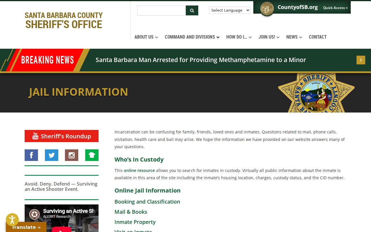 Santa Barbara County arrest booking and jail information page