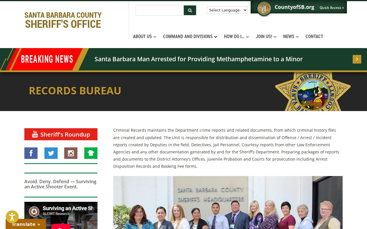 Santa Barbara County arrest history Sheriff Records Bureau request page