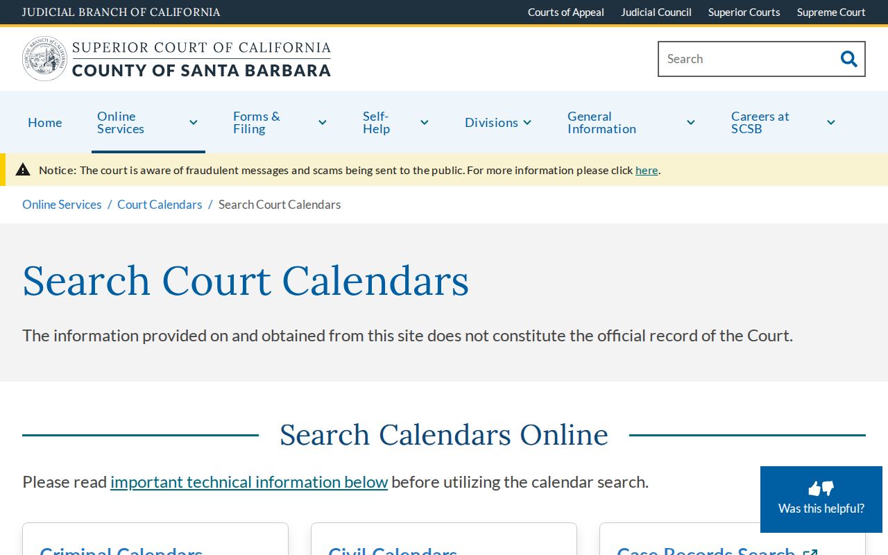 Santa Barbara County criminal court calendar search
