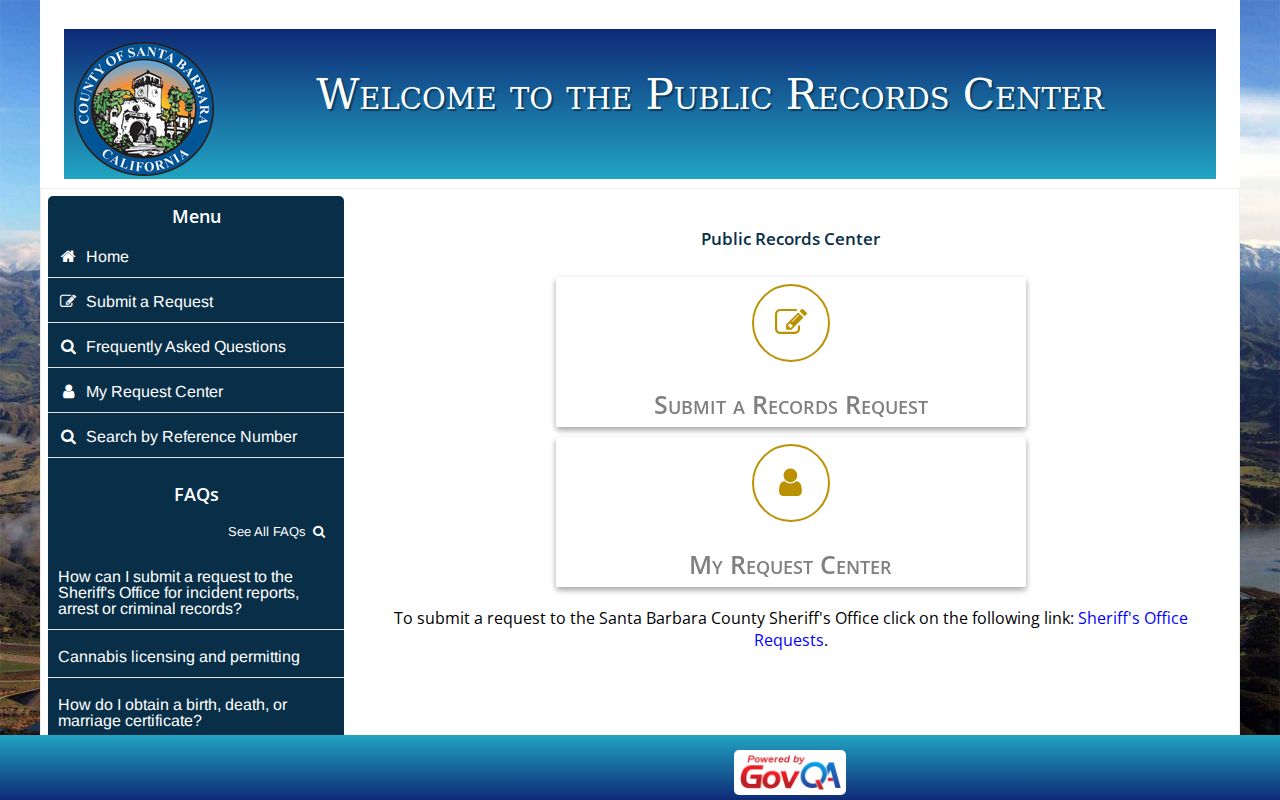 Santa Barbara County Public Records Center request menu