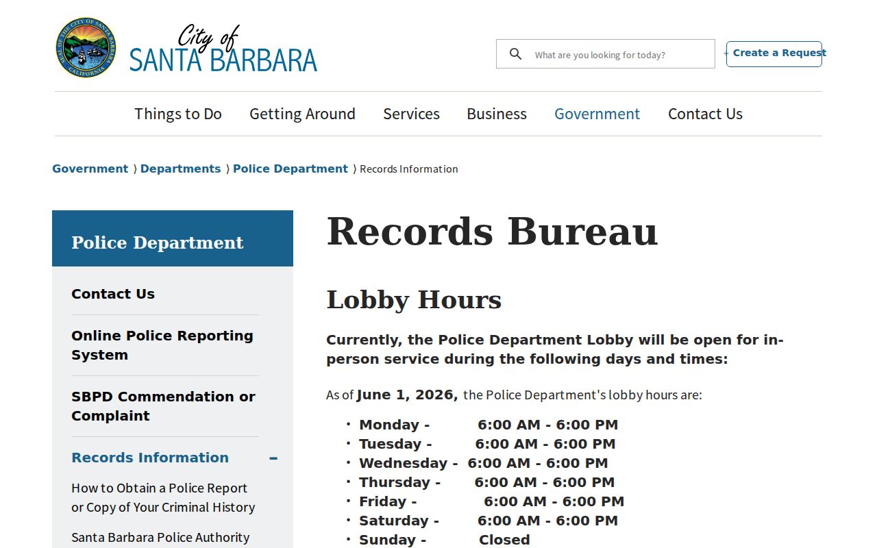 Santa Barbara Police Records Bureau request instructions and fees