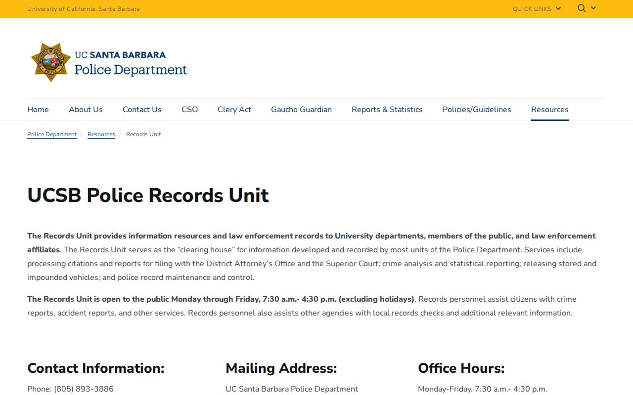 UCSB Police Records Unit contact and report fee information