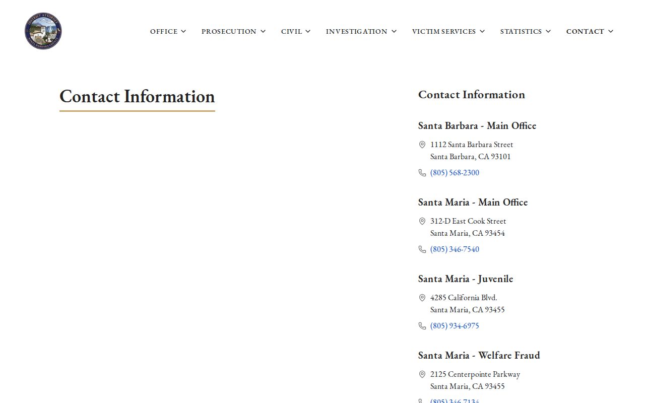 Santa Barbara County District Attorney contact directory showing Santa Maria offices